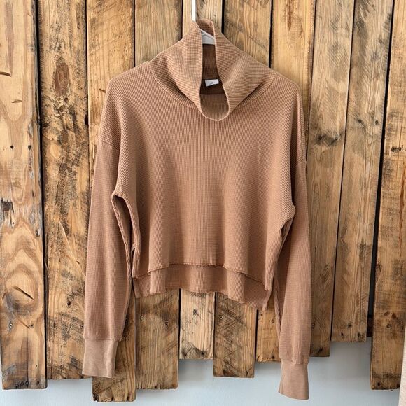 Artizia TNA Waffle Knit Women’s Small Cropped‎ Turtleneck Longsleeve Cozy Camel - Picture 1 of 13